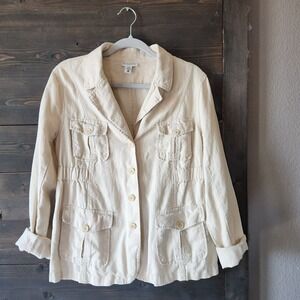 Motherhood Women Jacket Large Beige 100% Linen Utility Button Long Sleeve Safari